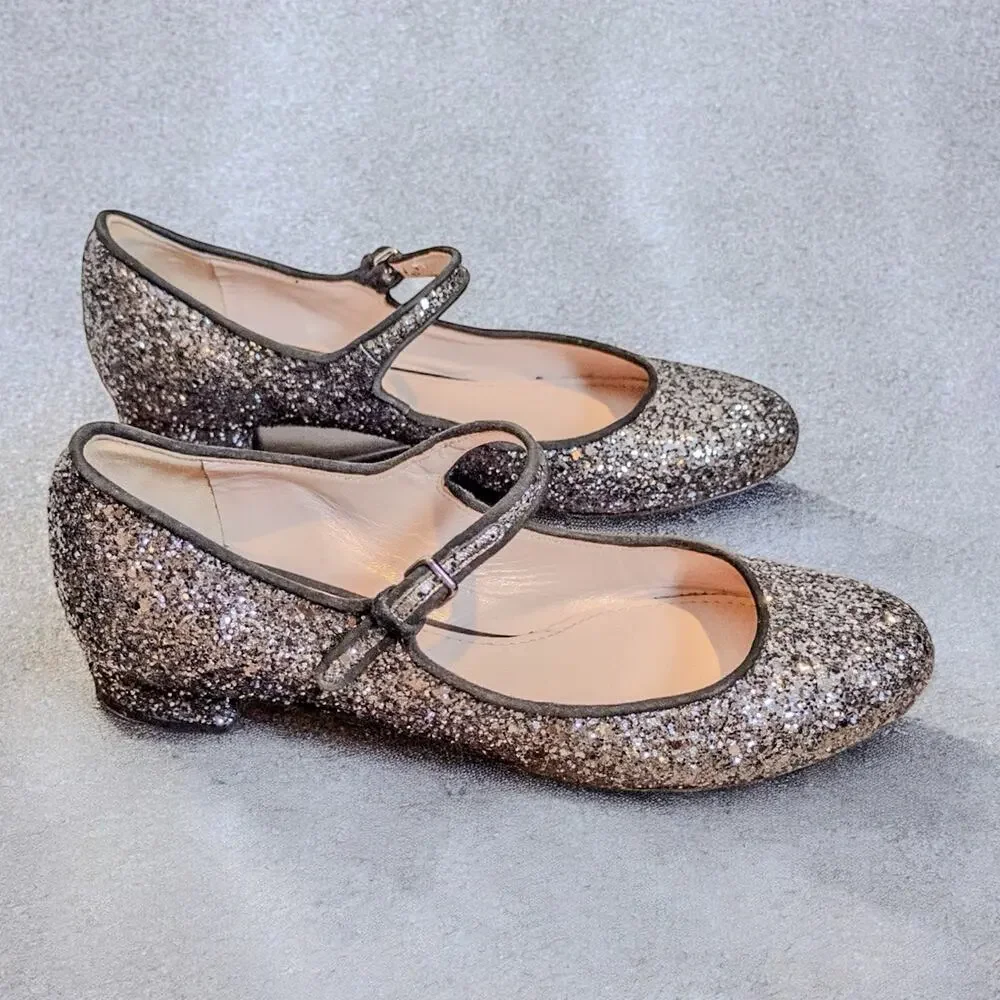 Miu Miu Glitter Mary Jane Low Heel Pumps EU 36 Silver Gray Made in Italy